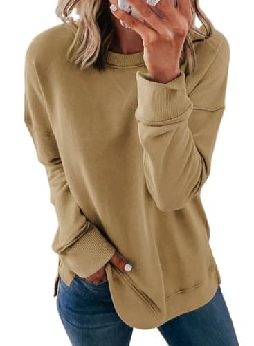 Dokotoo Womens Casual Long Sleeve Crewneck Sweatshirt Side Split Loose Fit Solid Basic Pullover Tunic T Shirts Tops Sweatshirts for Women 2025 Fashion Fall Khaki Large - Image 1