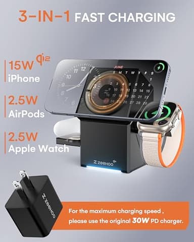 ZEEHOO iPhone Charging Station, 3 in 1 Charging Station for Apple MagSafe Charger, Qi2 Certified, 15W Fast Wireless Charger, for Apple Watch, for iPhone 17 16 15,14,13,12 Series, AirPods (Black) - Image 3