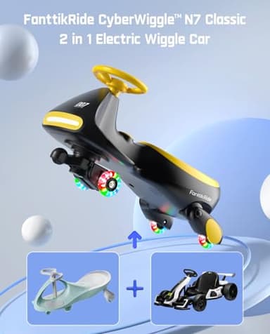 FanttikRide N7 Classic Electric Wiggle Car with Pedal, Rechargeable Battery, Ride on Toys, Swing Car, 2 Speeds, Anti-Rollover, Flashing Light Wheels, Bluetooth, for Ages 3 and Up, 150 Lbs, Yellow - Image 2