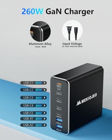 Aluminum Alloy 260W USB C Charger Block GaN III PD 65W Fast USB C Charging Station 7 Ports 65W Laptop Charger for MacBook Pro/Air/iPad Pro/iPhone (Grey Black-5C2A) - Image 3