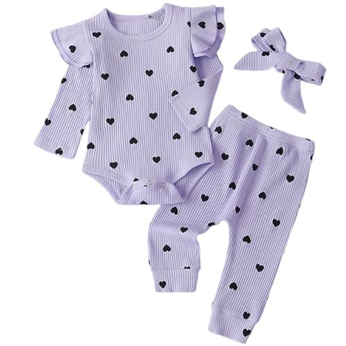 Fullfamous Infant Baby Girl Clothes Fall Winter Outfits Long Sleeve Clothing Onesie Pant Set Gifts 3-6 months Lavender Heart - Image 1