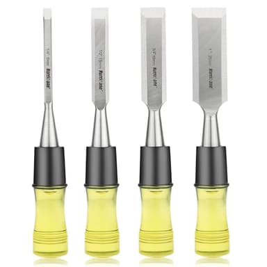 HURRICANE 4 Piece Wood Chisel Set for Woodworking. CR-V Steel Beveled Edge Blades with Safety Caps. Durable PVC High Impact Handle, for Precision Carving & DIY Projects (1/4", 1/2", 3/4", 1") - Image 1