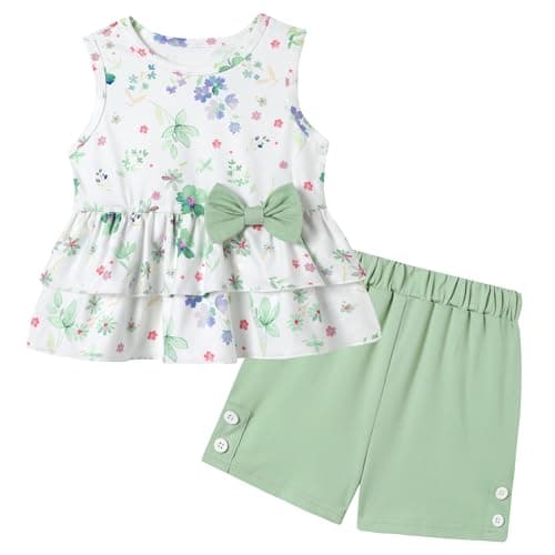 YUEMION Toddler Girl Clothes, 2Pcs Baby Girl Summer Outfits Sleeveless Bow Knot Tank Shirts Tops + Shorts Clothing Sets(Flowers+ Light green, 2-3T) - Image 1