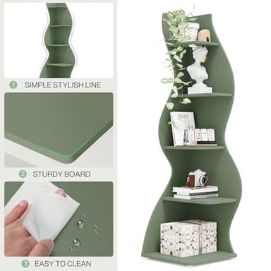 Tribesigns Corner Shelf, Modern 5-Tier Wall Corner Bookshelf, Stylish Corner Small Bookcase Storage Rack Plant Stand with Unique Shape for Living Room, Home Office (Sage Green, 1PC) - Image 7