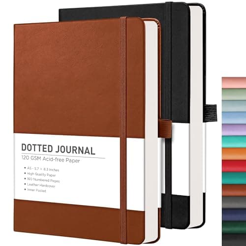 RETTACY Bullet Dotted Journal Notebook, 2-Pack, 160 Numbered Pages per Pack, A5 Medium Size (5.7'' x 8.3''), 120 GSM Thick Paper, Leather Hardcover, for Bullet Journaling (Black & Brown) - Image 1