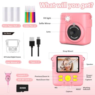 Radekly Instant Print Camera for Kids,Christmas Birthday Gifts for Age 3-12 Girls Boys，1080P HD Digital Video Cameras for Toddler,Kids Portable Toy with 3 Rolls Photo Paper，32GB Card-Pink - Image 6