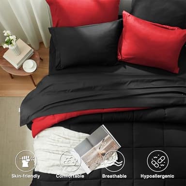 Anluoer Queen Comforter Set 7 Piece, Reversible Bed in a Bag Queen Size, Lightweight Bedding Set with 1 Comforter(88"*88"), 2 Pillow Shams, 2 Pillowcases, 1 Flat Sheet, 1 Fitted Sheet, Red & Black - Image 3