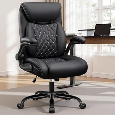 BESTFAIR Office Chair,Ergonomic Office Chair with Lumbar Support for Lower Back Pain Relief, Executive Leather Chair with Padded Flip-up Arms, Wheels and Adjustable Armrests, Black - Image 2