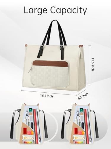 MATEIN Laptop Tote Bag for Women, 15.6 Inch Laptop Commuter Tote Insulated Lunch Bag, Waterproof PU Leather Work Purse with lunch Box compartment for Work Business Picnic Teacher Casual Office, Beige - Image 6