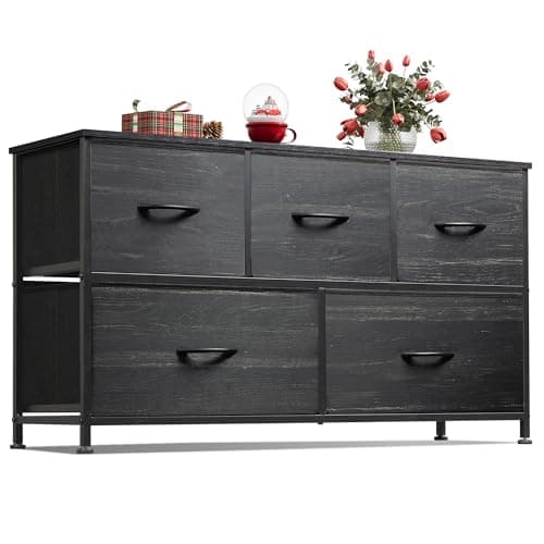 WLIVE Dresser for Bedroom with 5 Drawers, Wide Chest of Drawers, Fabric Dresser, Storage Organizer Unit with Fabric Bins for Closet, Living Room, Hallway, Charcoal Black Wood Grain Print - Image 1