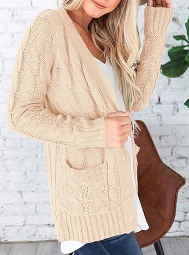 PRETTYGARDEN Women's Open Front Cardigan Sweaters Fall Fashion Button Down Cable Knit Chunky Winter Clothing Outerwear Coats (Beige,Small) - Image 5