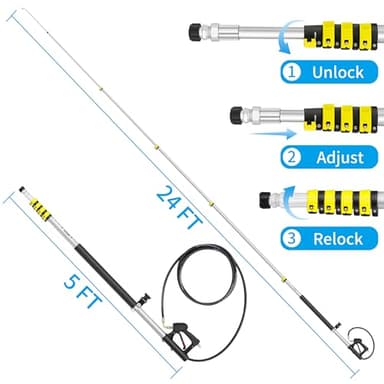 ExtraFein 24FT Telescoping Pressure Washer Extension Wand, Aluminum Power Washer Extension Wand, Solar Panel Cleaner Pole with Brush Head, 7 Nozzle Tips, 3 Adapters, Support Belt - Image 3
