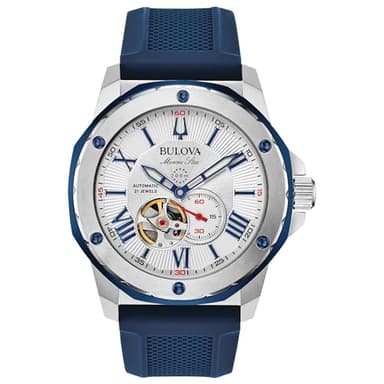 Bulova Men's Marine Star 'Series A' Automatic Stainless Steel Case with Blue Textured Silicone Strap, Open Aperture, Silver White Dial Model: 98A225 - Image 1