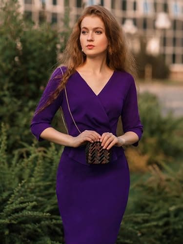 AISIZE Women's 1950S V-Neck 3/4 Sleeve Ruffle Design Cocktail Pencil Dress Purple - Image 5