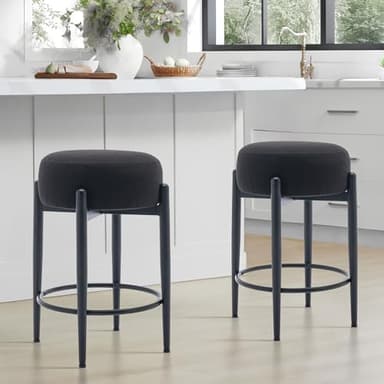 COLAMY Modern Bar Stools Set of 6, 24" Counter Height Stools with Round Soft Padded Backless Seat and Metal Mid-Century Base, Black - Image 4
