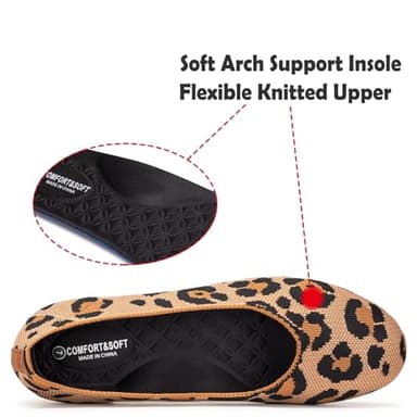 Frank Mully Women’s Knit Ballet Flat Round Toe Slip On Flats Shoes Classic Low Wedge Ballerina Walking Flats Shoes, Leopard Orange,9 - Image 2