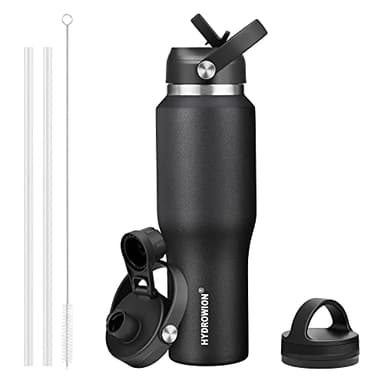 HYDROWION 32oz Stainless Steel Water Bottle(Cold for 48 Hrs, Hot for 24 Hrs),Double Wall Vacuum Insulated Water Bottle with Straw Lid, Spout Lid and Flex Cap, Fit in Any Car Cup Holder,Black - Image 1