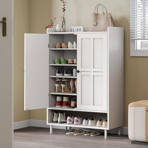 Shoe Storage Cabinet with Cross Molding Doors, 6-Tier Farmhouse Shoe Cabinet with 3 Adjustable Shelves and Metal Legs, 45'' Tall Shoes Rack Organizer Cabinet for Entryway, Front Door, White - Image 1