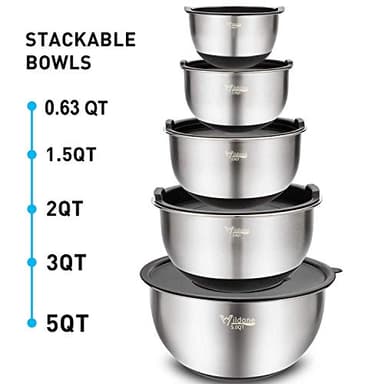 Wildone Mixing Bowls with Airtight Lids Set, 5PCS Stainless Steel Nesting Bowls for Kitchen, with Grater Attachments & Non-Slip Bottoms, Size 5, 3, 2, 1.5, 0.63 QT, Great for Mixing & Serving - Image 7