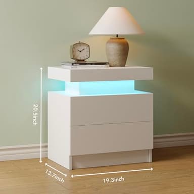 Cubehom White LED Nightstand Set of 2,Modern Night Stand Set 2,Multi-Color LED Light Strip,Slient Slide Drawer,Large Capacity Storage,Small Space Solution,Bedside Table for Bedroom,White - Image 2