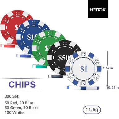 HEITOK Poker Set with Denominations, 300-pcs 11.5g Weighted Numbered Chips, 5 Dice, 2 Decks with Compact Aluminum Case for Texas Hold'em, Blackjack, Age 8 and Plus - Image 3