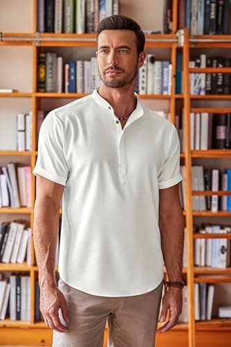 COOFANDY Men's Casual Henley Shirt Band Collar Short Sleeve Shirt Summer Beach Hippie Shirt - Image 8
