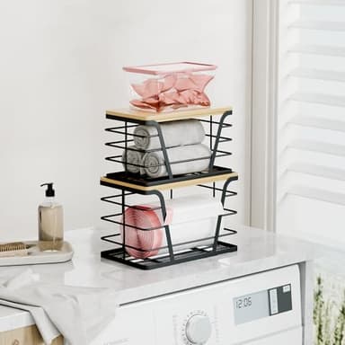 TIDIIABODE 2 Pack Stackable Storage Laundry Kitchen Organizers, Wall Mount Trash Bag Holder with Bamboo Top and Garbage Bag Dispenser No Drill - Image 6