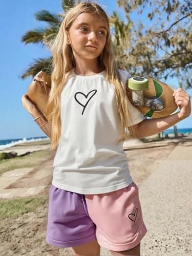 Kids Toddler Girl Clothes Outfits Color Clash Short Sleeve Heart Print Tops Summer Shorts Set(8-9t) - Image 4