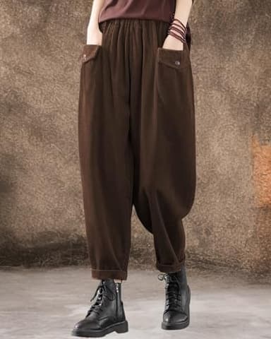 IXIMO Women's Cropped Corduroy Pants Casual Comfy Elastic Waist Cotton Trouser Front Pockets Brown XL - Image 6