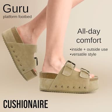 CUSHIONAIRE Guru Platform Sandals Women Footwear – Comfortable Genuine Leather Footbed Studded Chunky Slide Summer Sandals for Women 2025, KHAKI 6 - Image 2