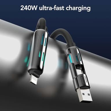 MFish 4-in-1 Universal USB Charging Cable with Carrying Case – 240W Max Fast Charger Cord, USB-A, Dual USB-C & Lighting, for iPhone 14/15/16/17 Series, iPad & MacBook and More(Black, 6.6Ft) - Image 5