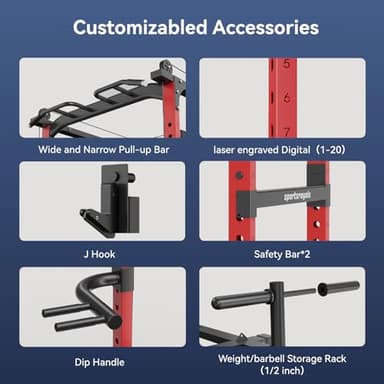 Sportsroyals Power Cage,1600lbs Multi-Function Power Rack with Adjustable Cable Crossover System and More Training Attachment, Weight Cage for Home Gym,Multi-Weight Combination Barbell Plates(RED) - Image 6