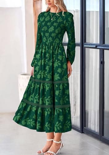 PRETTYGARDEN Long Sleeve Dress for Women 2025 Fall Elegant Modest Floral Boho Smocked Flowy Wedding Guest Midi Dresses (Dark Green,X-Large) - Image 7