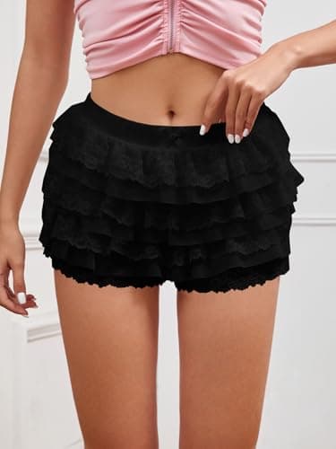 Women Y2K Lace Multi-Layered Bloomers, Lolita Ruffle Shorts, Sexy Short Pumpkin Pants, Elastic Waist Sweet Pettipants (US, Alpha, Medium, Regular, Regular, Black) - Image 3