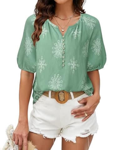 Unixseque Blouses for Women Casual: Womens Shirts Dressy Casual - Boho Tops for Women - V Neck Short Sleeve Shirts 2025 Travel Cute Top Summer Clothes Ladies Tops Green Floral - Image 3