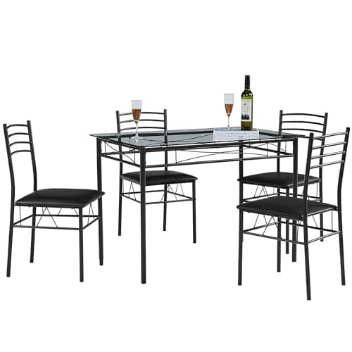 VECELO Kitchen Dining Table and Chairs Set for 4, PU Padded Seat & Glasses Tabletop, Space Saving, Matte Black - Image 1