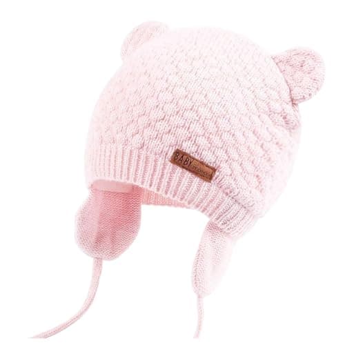 Duoyeree Baby Winter Hat Earflap Cotton Lining Knit Beanie Cap for Toddler Girl Boy (0-6 month, Pink) - Image 1