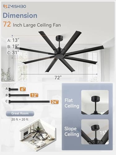 ZMISHIBO 72 Inch Ceiling Fan No Light, Large Black Ceiling Fan with Remote, Quiet DC Motor, and 6 Speeds, Indoor/Outdoor Industrial Ceiling Fans 8 Aluminum Blades for Patio, Garage, Shop, Black - Image 6