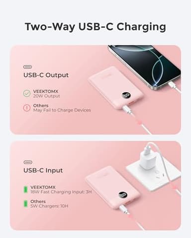 VEEKTOMX Small Portable Charger, Mini Power Bank 10000mAh, PD 22.5W Fast Charging USB-C Battery Bank, Travel Essentials Dual Voltage External Portable Powerbank for iPhone/Samsung/Google Pixel, Pink - Image 4