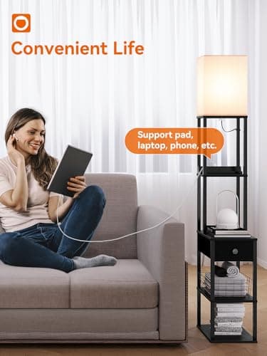 addlon Floor lamp with 2 USB, 1 Outlet and Drawer, 3 Color Temperatures LED Bulb (9W), Sofa lamp with White lampshade, Display Floor lamp with Shelves for Living Room, Bedroom and Office - Black - Image 5
