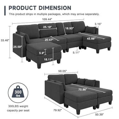 Huatean Home Modular Sectional Sofa, Convertible U Shaped Sofa Couch with High Density Memory Foam, 6 Seat Comfy Modular Sofa Couch for Living Room, Modern U Shaped Sectional Sofa, Dimgrey - Image 3
