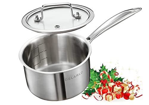 DELARLO Stainless Steel Small Brushed Saucepan With Lid, Induction Cooking Sauce Pot Pans, 18/8 Tri-Ply Heavy Bottom Saucier Cookware, Dishwasher Safe & Oven Safe(2 Quart) - Image 1