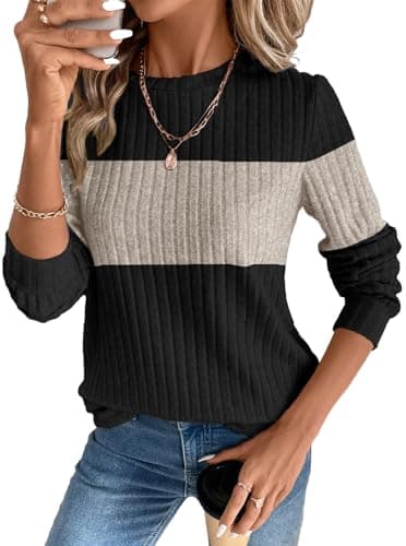 OFEEFAN Sweaters for Women Trendy 2025 Womens Tops Long Sleeve Shirts Plus Size Women's Clothing Fall Outfits Fashion Clothing School Outfits Tops for Teachers M Black Beige - Image 5