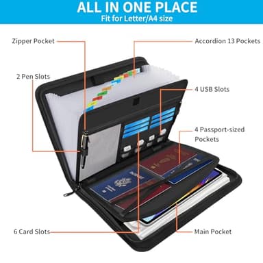 Andyer Accordion File Organizer with Lock, Fireproof Expanding File Folder with Tabs, 13 Pockets Important Document Organizer with Handle, Portable Paperwork Business Organizer, Letter/A4-Size (Black) - Image 4