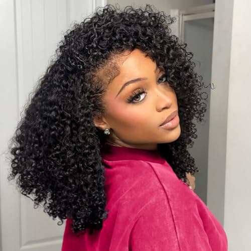 QUANDIAN Kinky Curly Half Wig Human Hair 200% Density Wear Go Glueless Wigs Human Hair 20 Inch Curly 3 In 1 Half Wigs for Women Drawstring Seamless Flip Headband Wig Beginner Friendly - Image 1