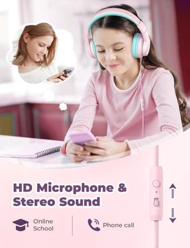 iClever HS19 Kids Headphones with Microphone for School, Safe Volume Limited, Over-Ear Girls Boys Headphones for Kids with Shareport, Foldable Wired for iPad/Travel (Pink) - Image 4