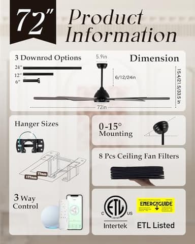 Maxslak 72" Large Smart Ceiling Fan with Light Remote Control via WIFI Alexa,6-Speeds Quiet DC Motor,Dimmable,Indoor Outdoor Black ceiling fan for Living Room,Patio,Dual Finish 7 Blades - Image 6