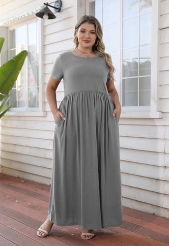 Nemidor Plus Size Maxi Dresses for Curvy Women Summer Casual Loose Short Sleeve Long Beach Dress with Pocket(149,18,Grey) - Image 3