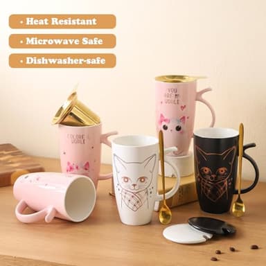 DELARLOCHEF Tea Mug With Infuser And Lid - 20oz Microwave & Dishwasher Safe Ceramic Mug, Cat Lover Gift with Leak-Proof Lid, 304 Stainless Steel Strainer & Spoon, Graduation Gifts, Golden Black Cat - Image 2