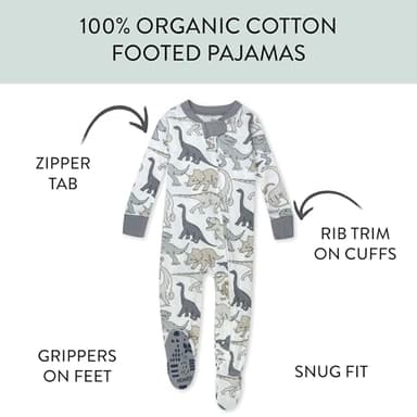 HonestBaby Non-Slip Footed Pajamas One-Piece Sleeper Zip-Front Pjs 100% Organic Cotton for Baby Boys, Dino Mite, 12 Months - Image 2
